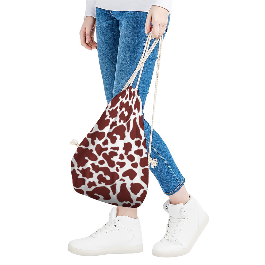 Chocolate Brown And White Cow Print Drawstring Bag