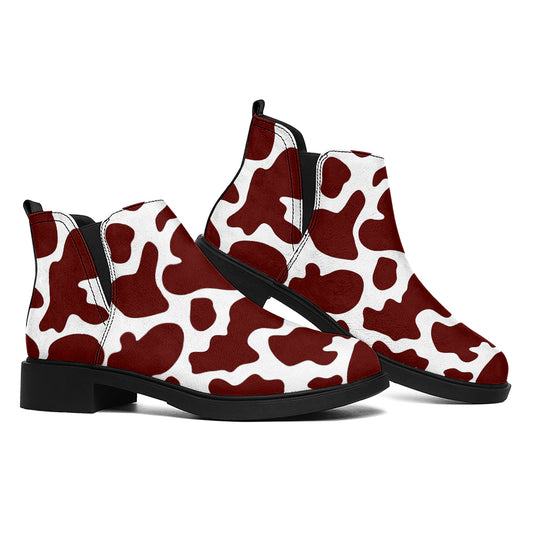 Chocolate Brown And White Cow Print Flat Ankle Boots