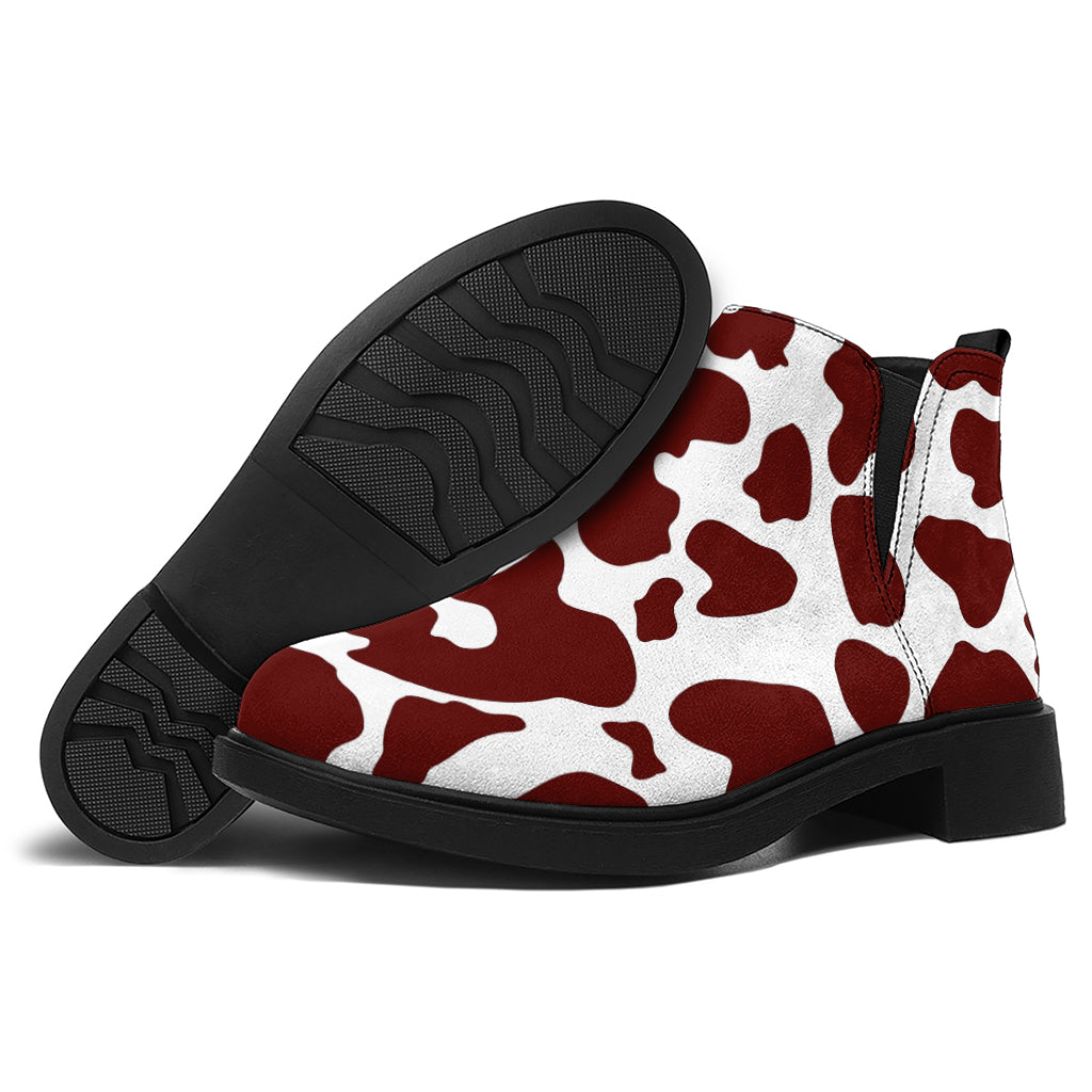 Chocolate Brown And White Cow Print Flat Ankle Boots