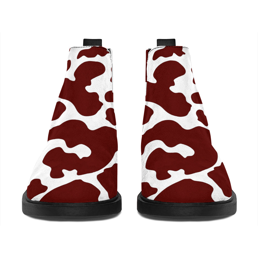 Chocolate Brown And White Cow Print Flat Ankle Boots