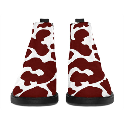 Chocolate Brown And White Cow Print Flat Ankle Boots
