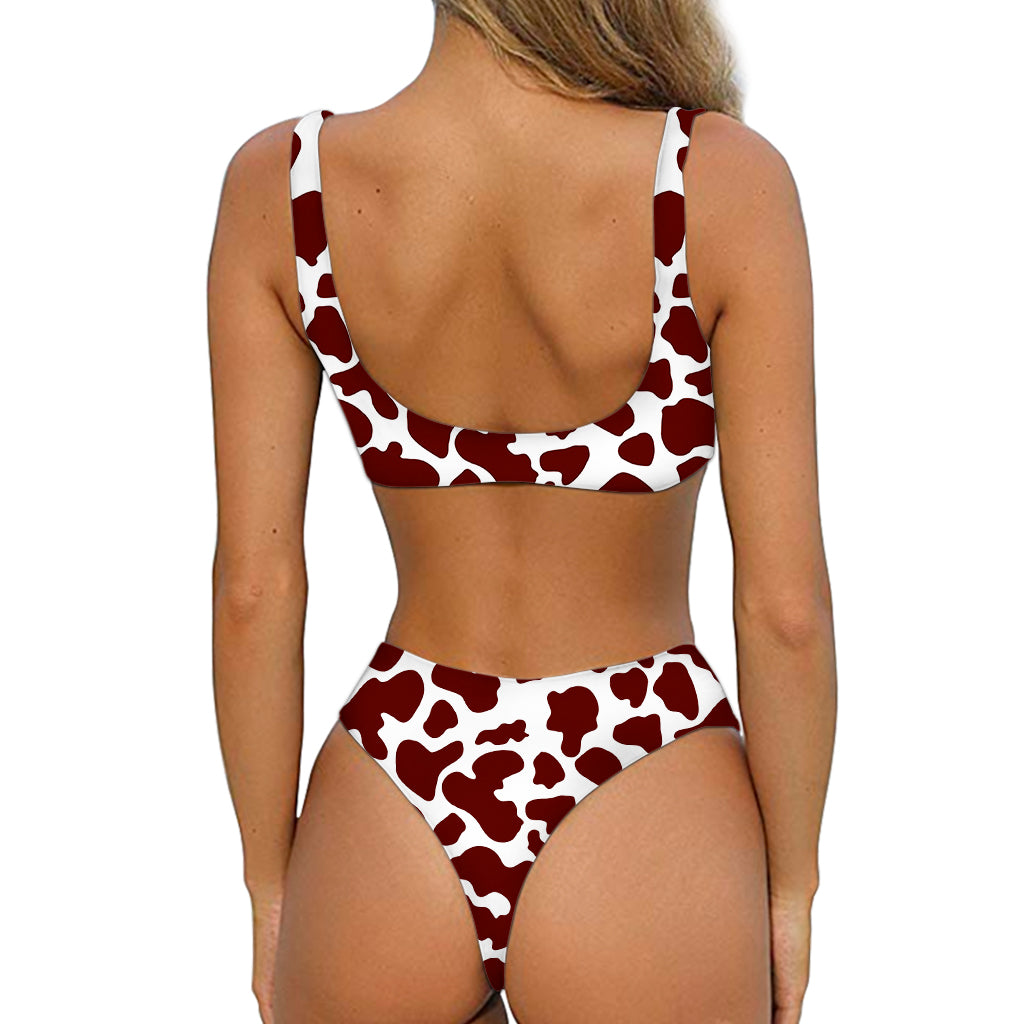 Chocolate Brown And White Cow Print Front Bow Tie Bikini