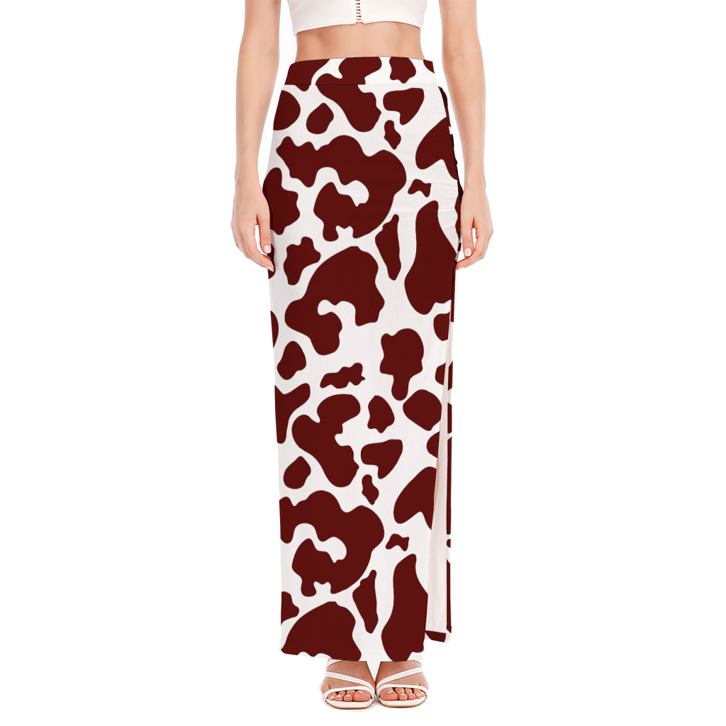 Chocolate Brown And White Cow Print High Slit Maxi Skirt