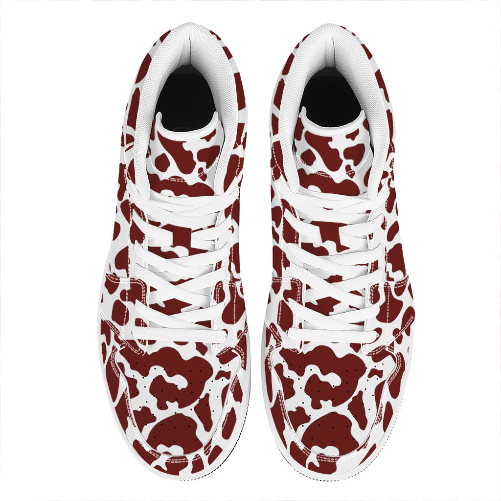 Chocolate Brown And White Cow Print High Top Leather Sneakers