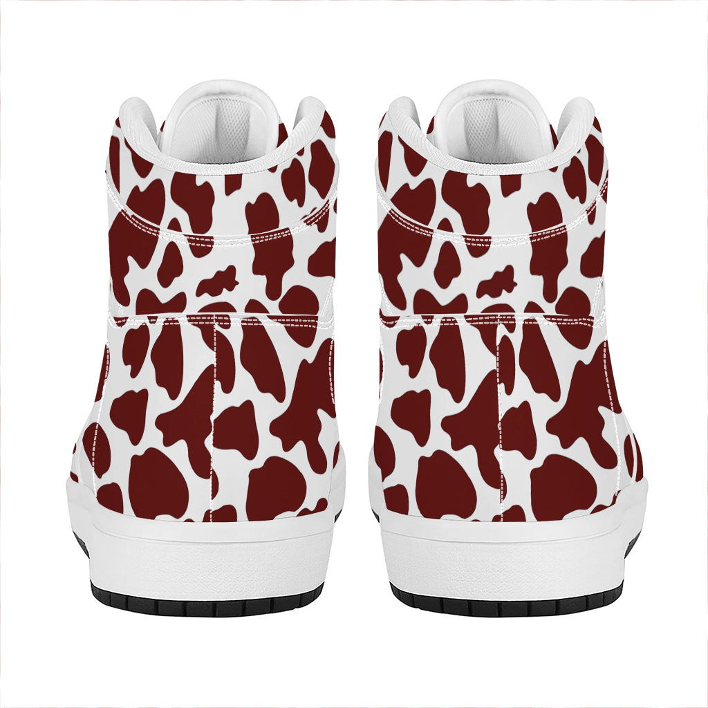 Chocolate Brown And White Cow Print High Top Leather Sneakers