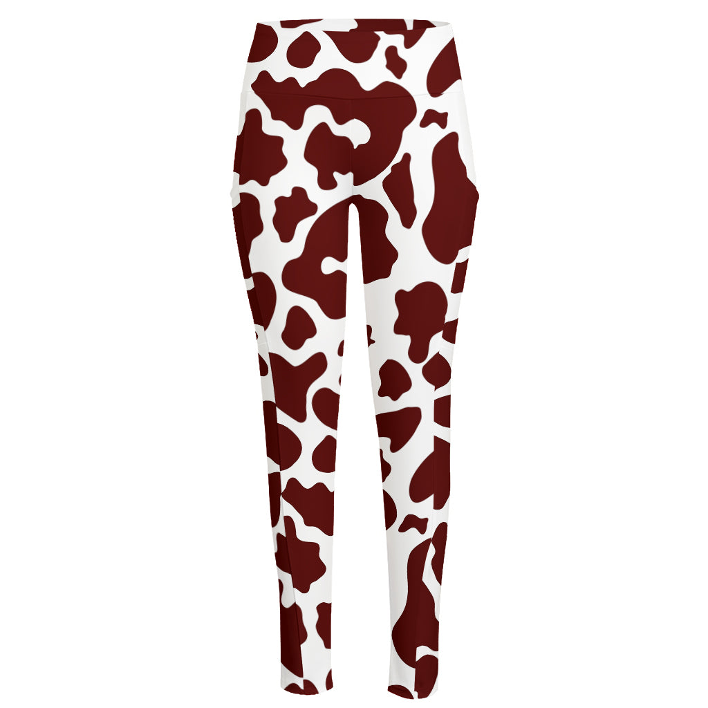 Chocolate Brown And White Cow Print High-Waisted Pocket Leggings