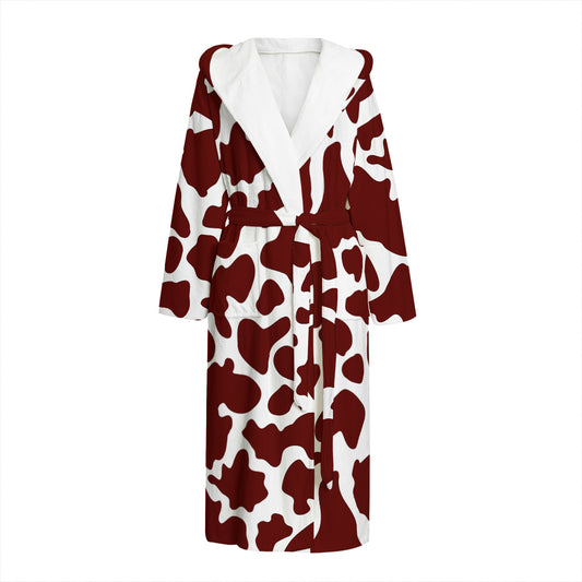 Chocolate Brown And White Cow Print Hooded Bathrobe