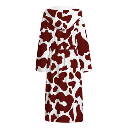 Chocolate Brown And White Cow Print Hooded Bathrobe