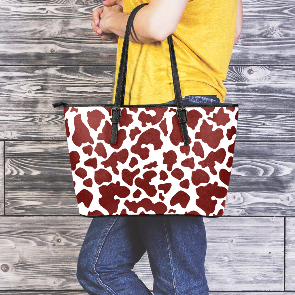 Chocolate Brown And White Cow Print Leather Tote Bag