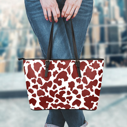 Chocolate Brown And White Cow Print Leather Tote Bag