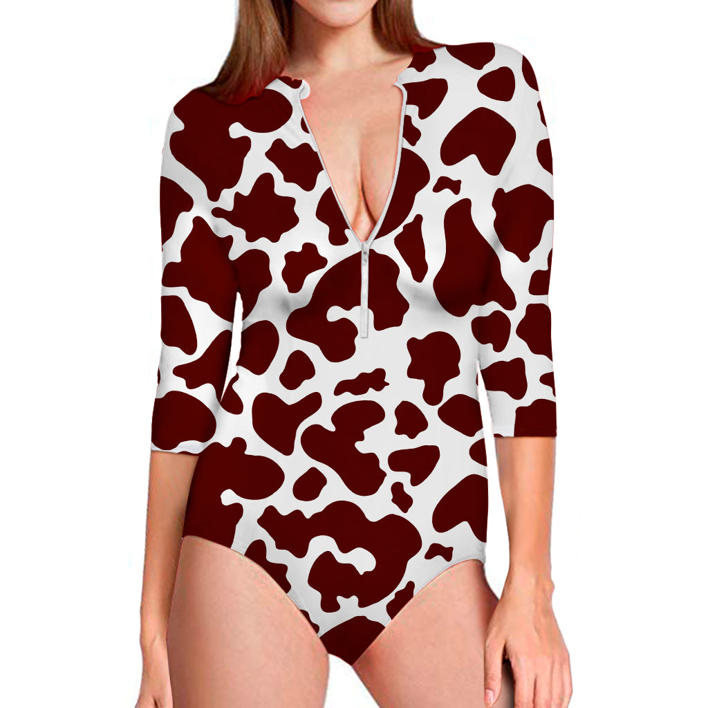 Chocolate Brown And White Cow Print Long Sleeve Swimsuit