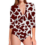 Chocolate Brown And White Cow Print Long Sleeve Swimsuit