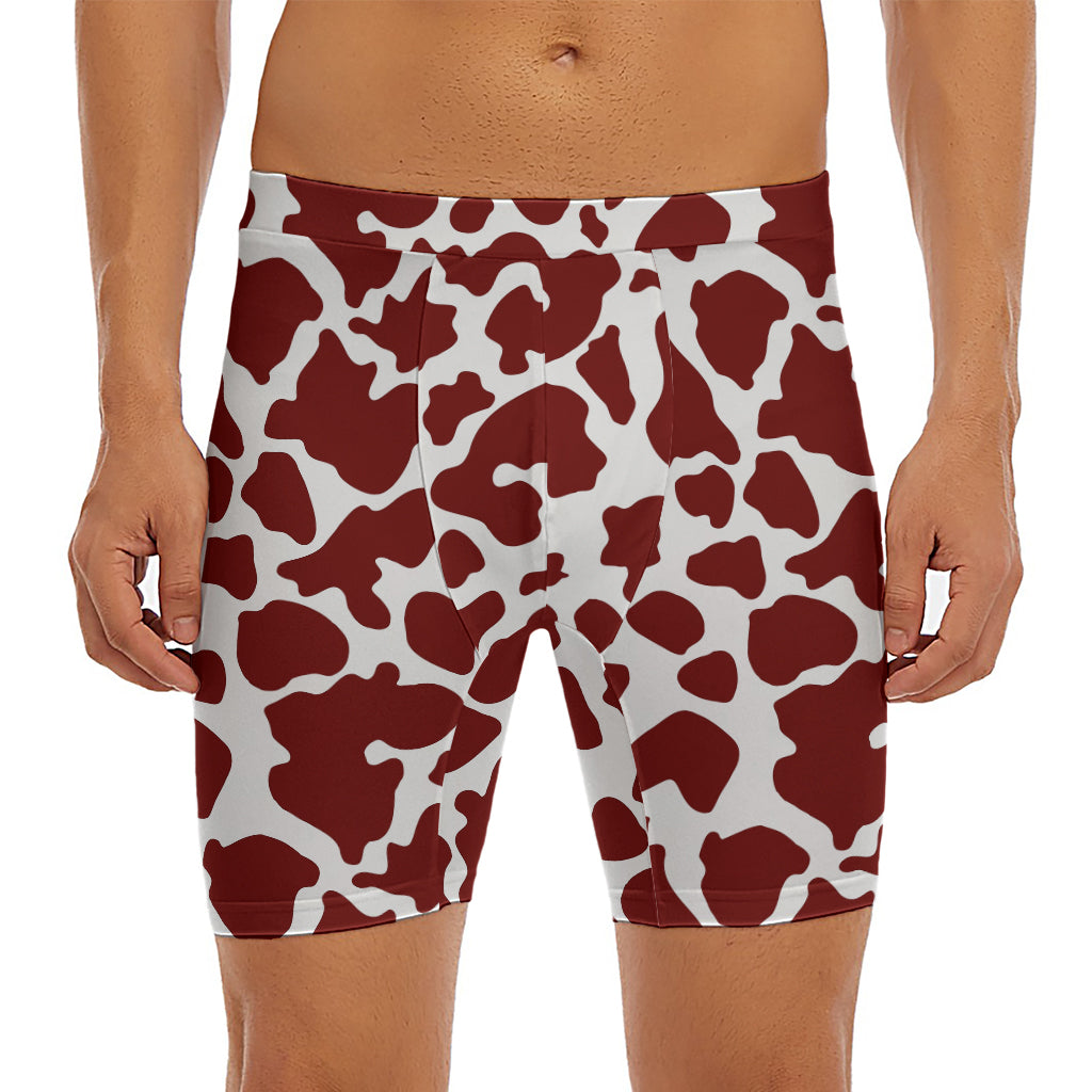 Chocolate Brown And White Cow Print Men's Long Boxer Briefs