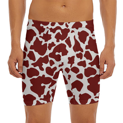Chocolate Brown And White Cow Print Men's Long Boxer Briefs