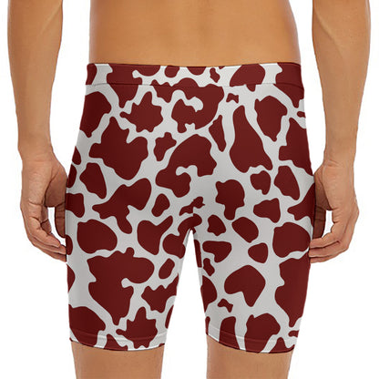 Chocolate Brown And White Cow Print Men's Long Boxer Briefs