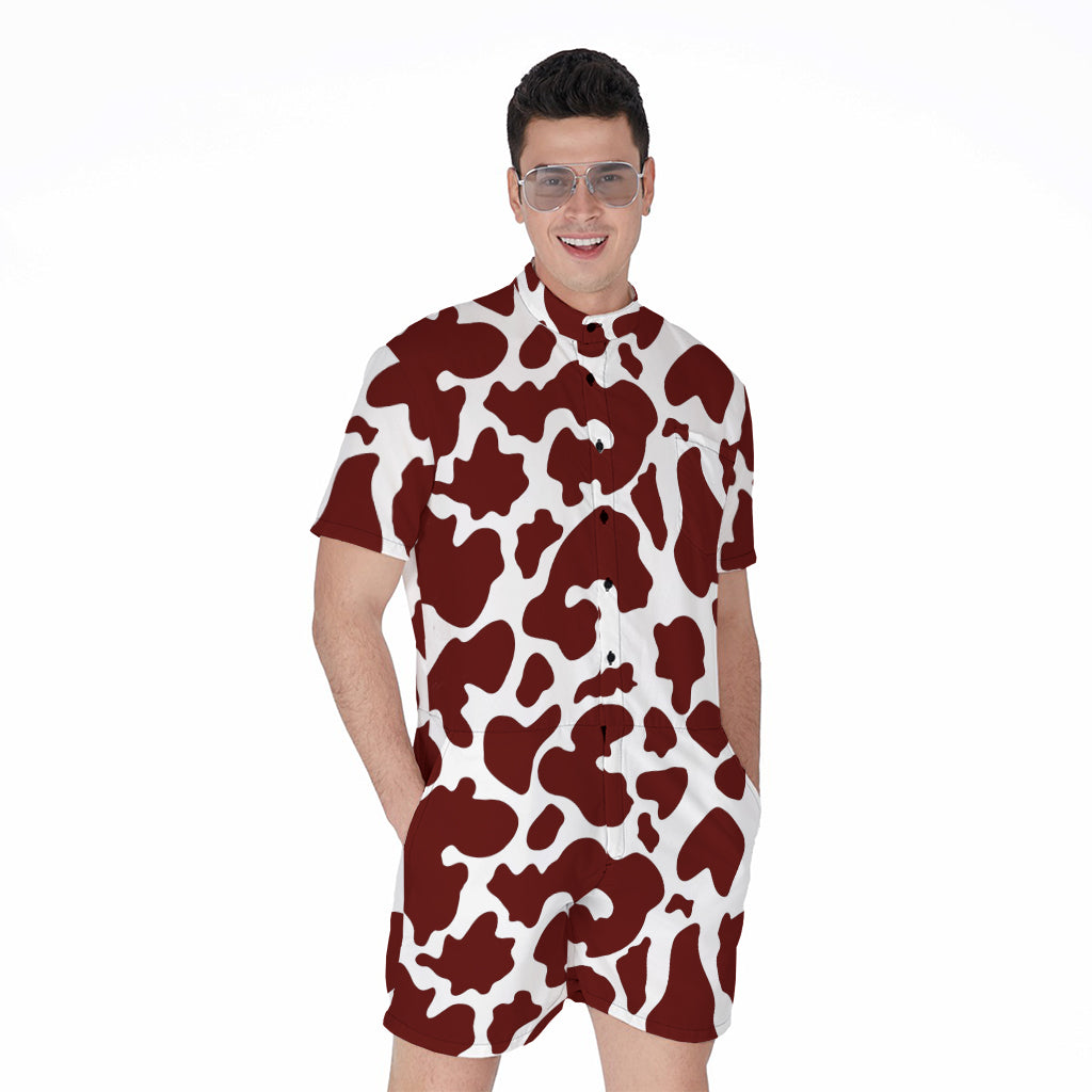 Chocolate Brown And White Cow Print Men's Rompers