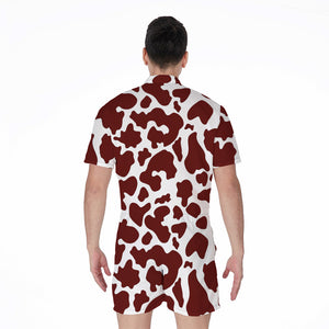 Chocolate Brown And White Cow Print Men's Rompers