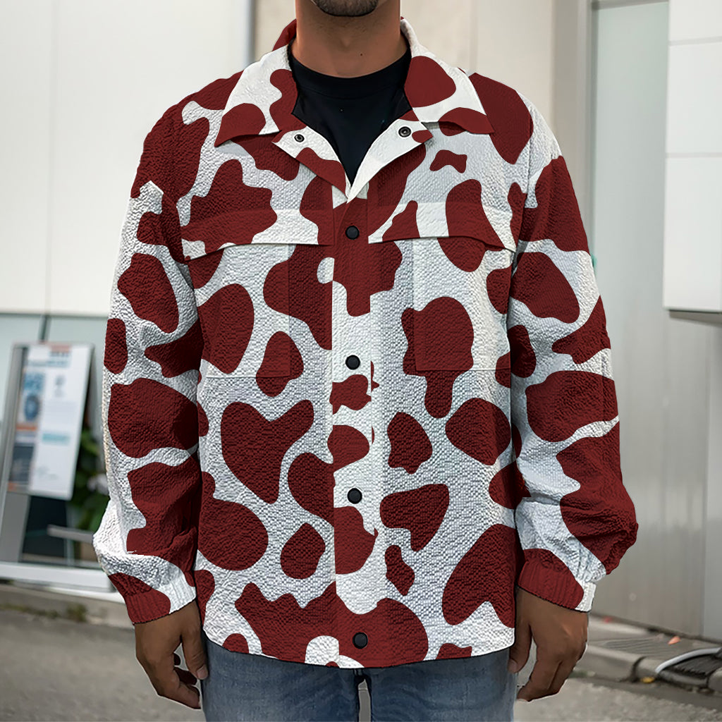 Chocolate Brown And White Cow Print Men's Shirt Jacket