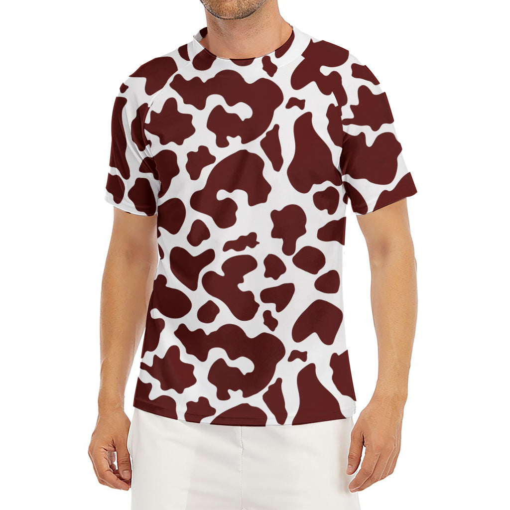 Chocolate Brown And White Cow Print Men's Short Sleeve Rash Guard