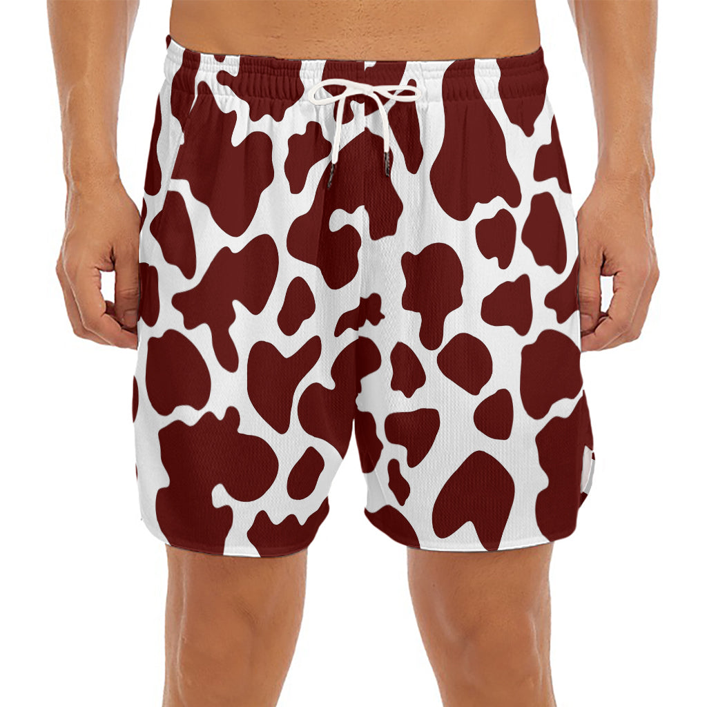 Chocolate Brown And White Cow Print Men's Split Running Shorts