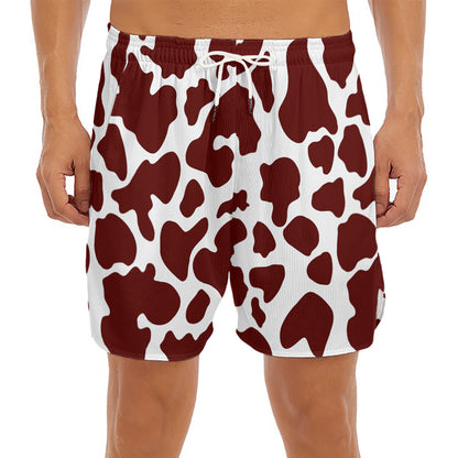 Chocolate Brown And White Cow Print Men's Split Running Shorts