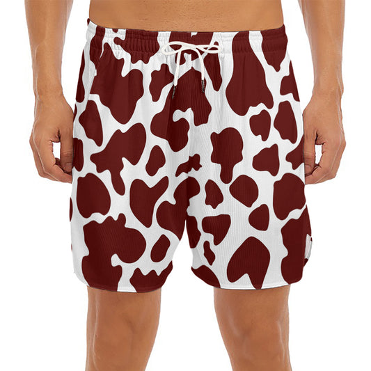 Chocolate Brown And White Cow Print Men's Split Running Shorts