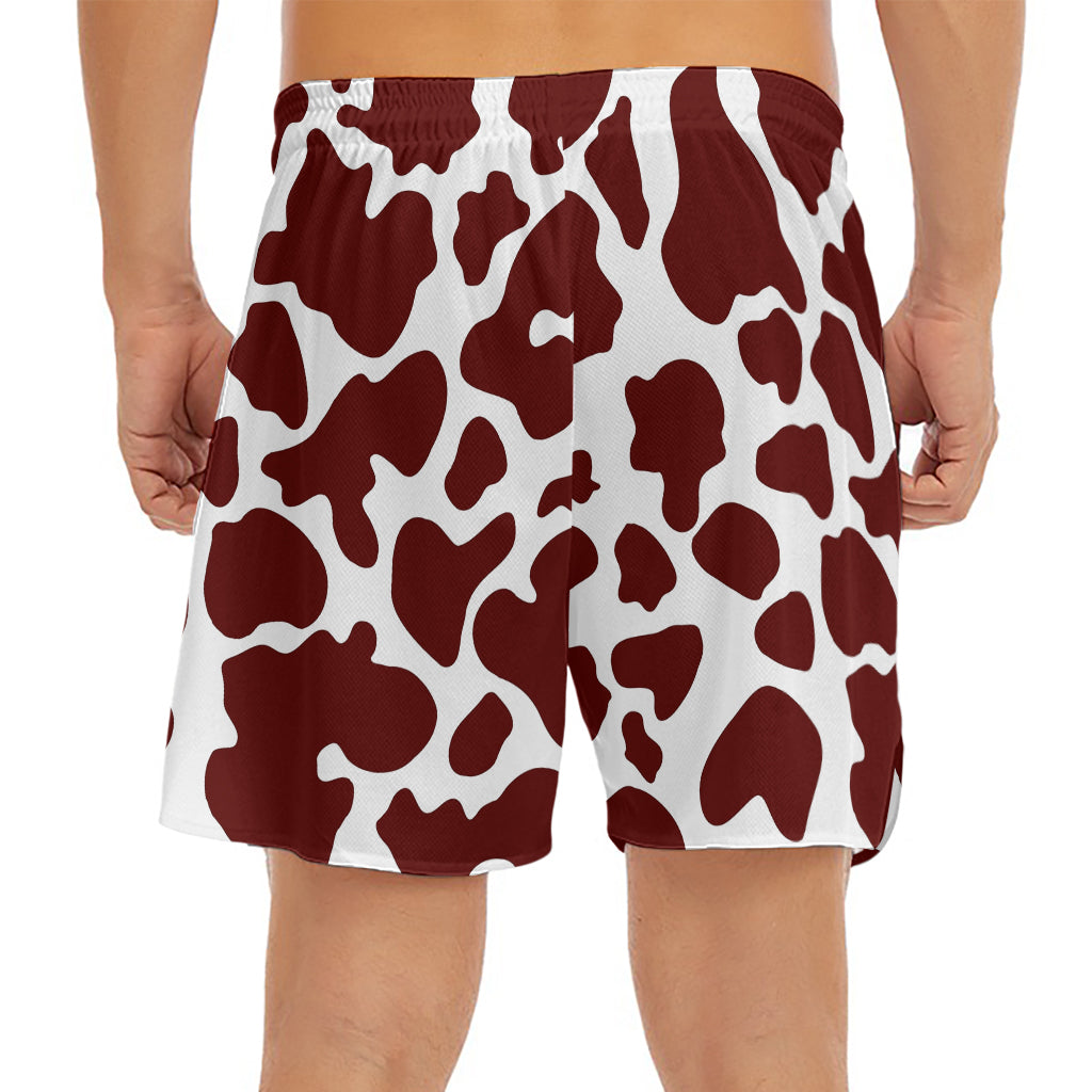 Chocolate Brown And White Cow Print Men's Split Running Shorts