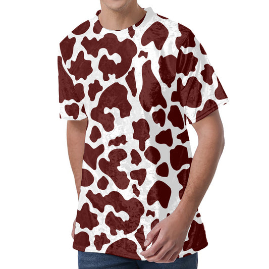 Chocolate Brown And White Cow Print Men's Velvet T-Shirt