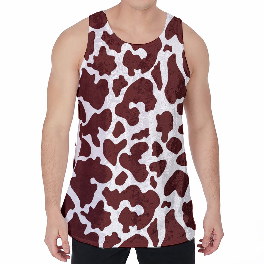 Chocolate Brown And White Cow Print Men's Velvet Tank Top