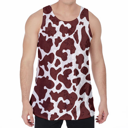 Chocolate Brown And White Cow Print Men's Velvet Tank Top