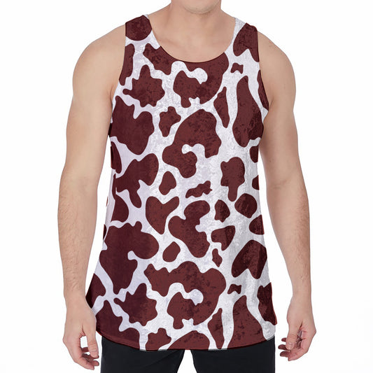 Chocolate Brown And White Cow Print Men's Velvet Tank Top