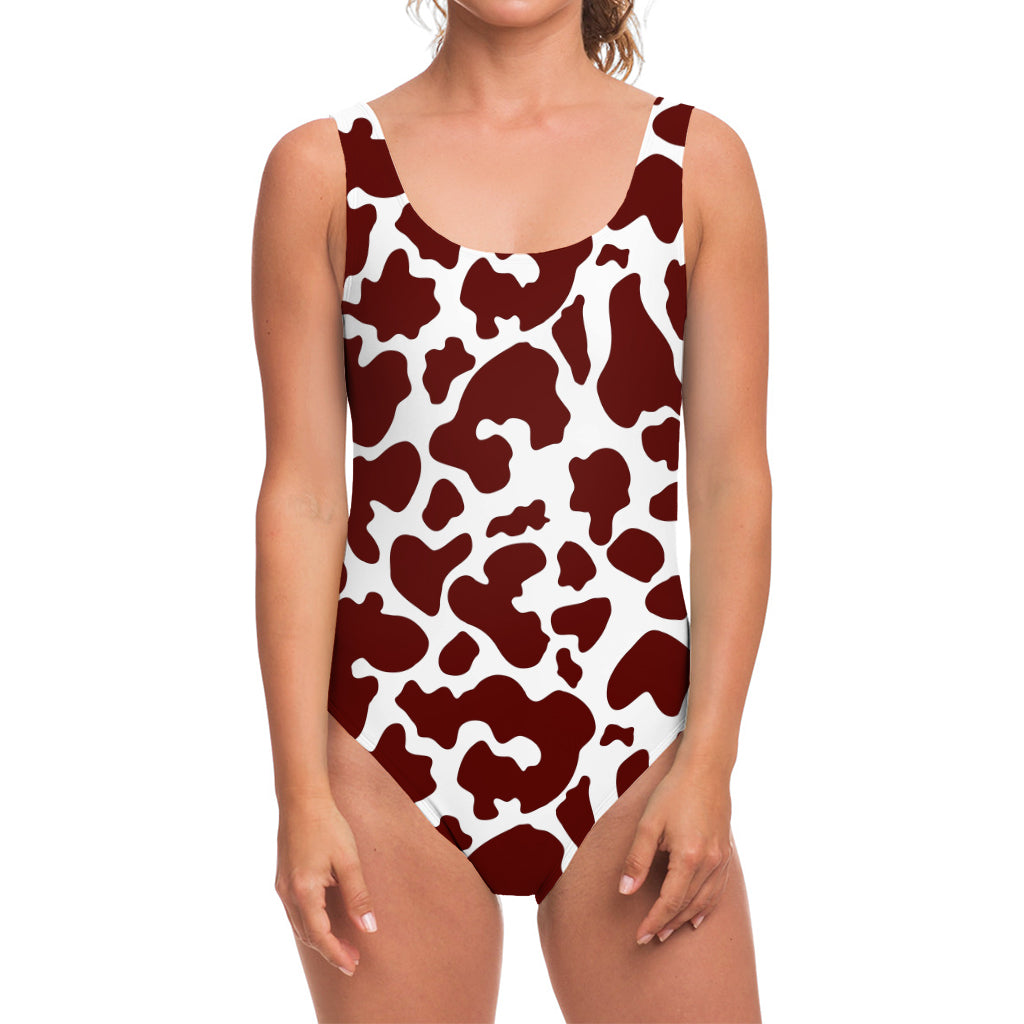 Chocolate Brown And White Cow Print One Piece Swimsuit