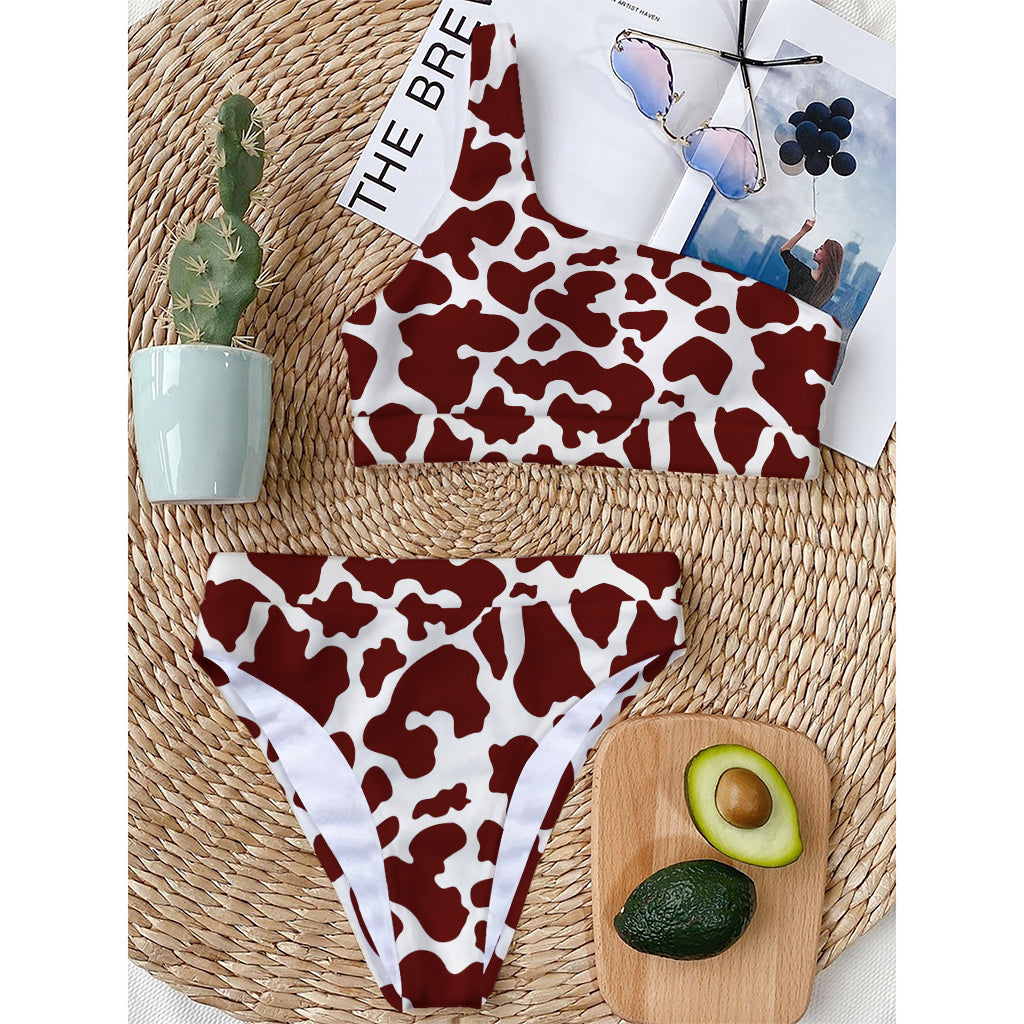 Chocolate Brown And White Cow Print One Shoulder Bikini Top