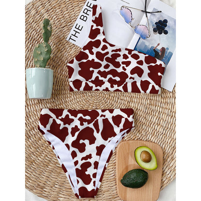 Chocolate Brown And White Cow Print One Shoulder Bikini Top