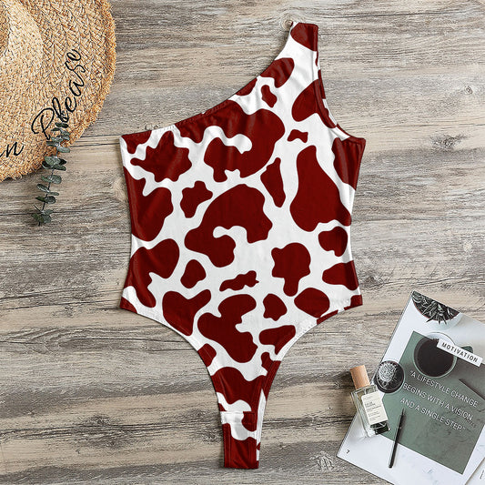 Chocolate Brown And White Cow Print One Shoulder Bodysuit