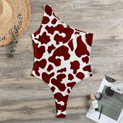 Chocolate Brown And White Cow Print One Shoulder Bodysuit