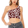 Chocolate Brown And White Cow Print One Shoulder Crop Top