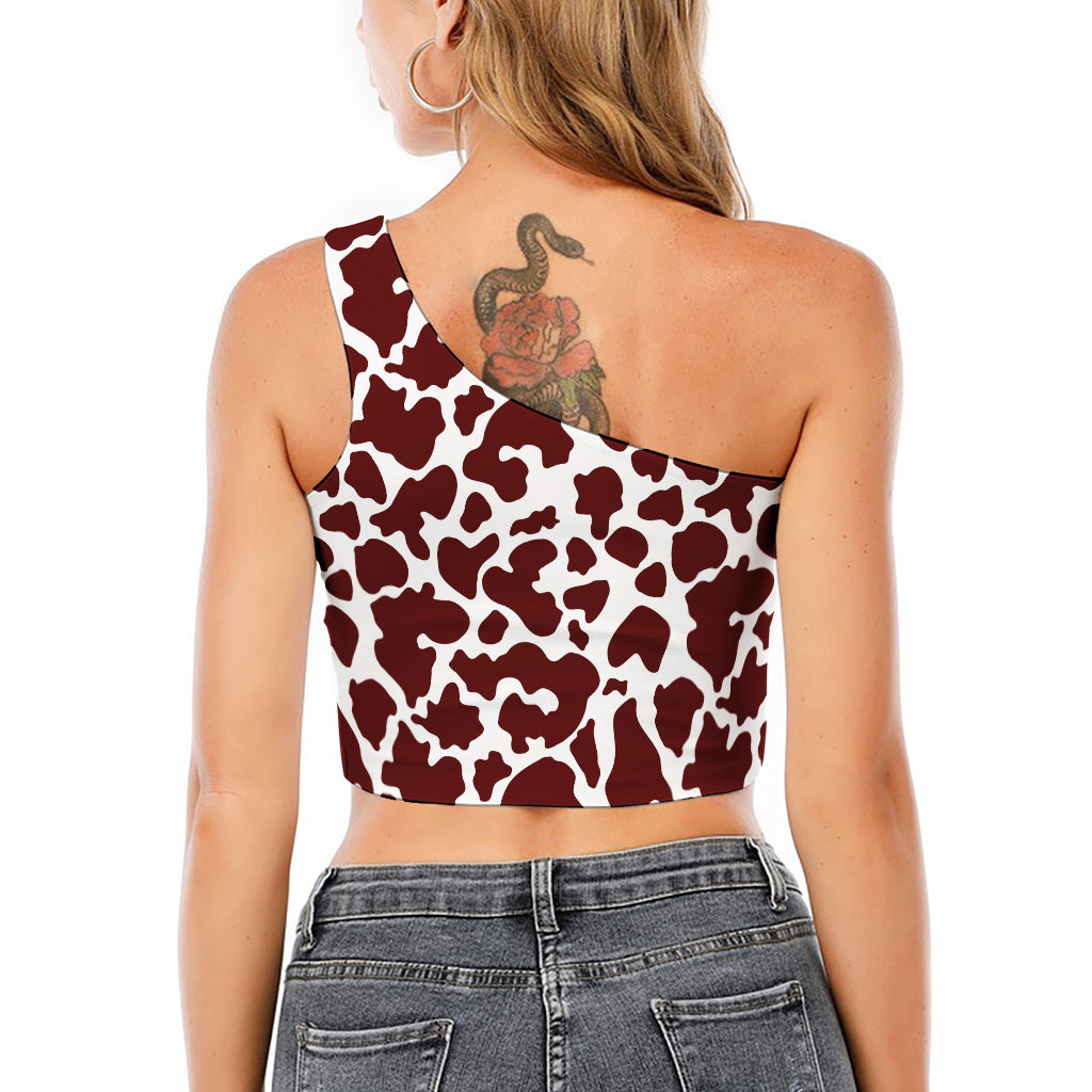 Chocolate Brown And White Cow Print One Shoulder Crop Top