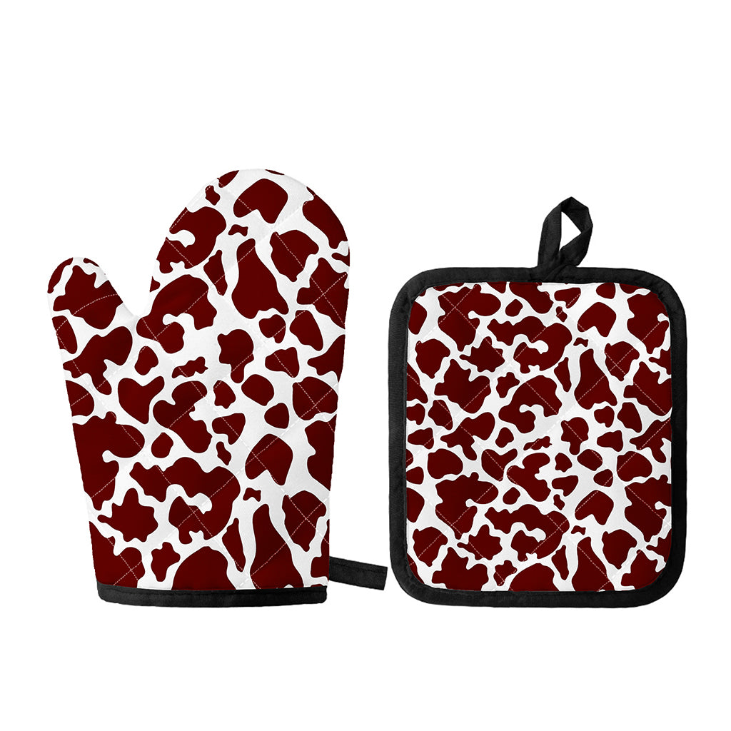 Chocolate Brown And White Cow Print Oven Mitt And Pot Holder Set