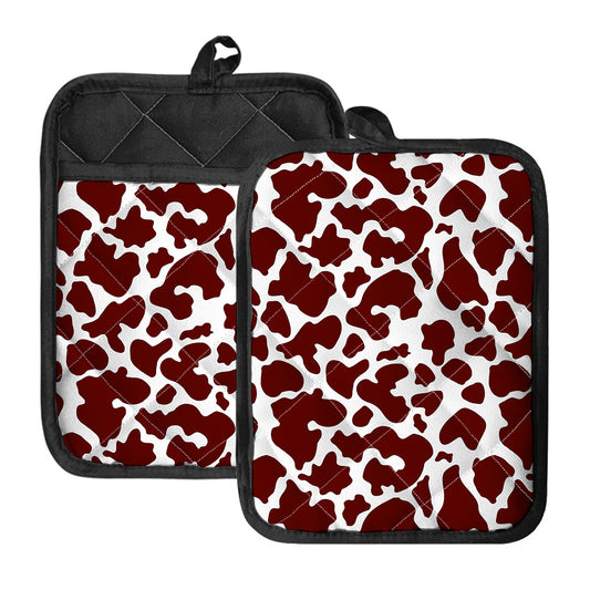 Chocolate Brown And White Cow Print Pot Holders With Pocket