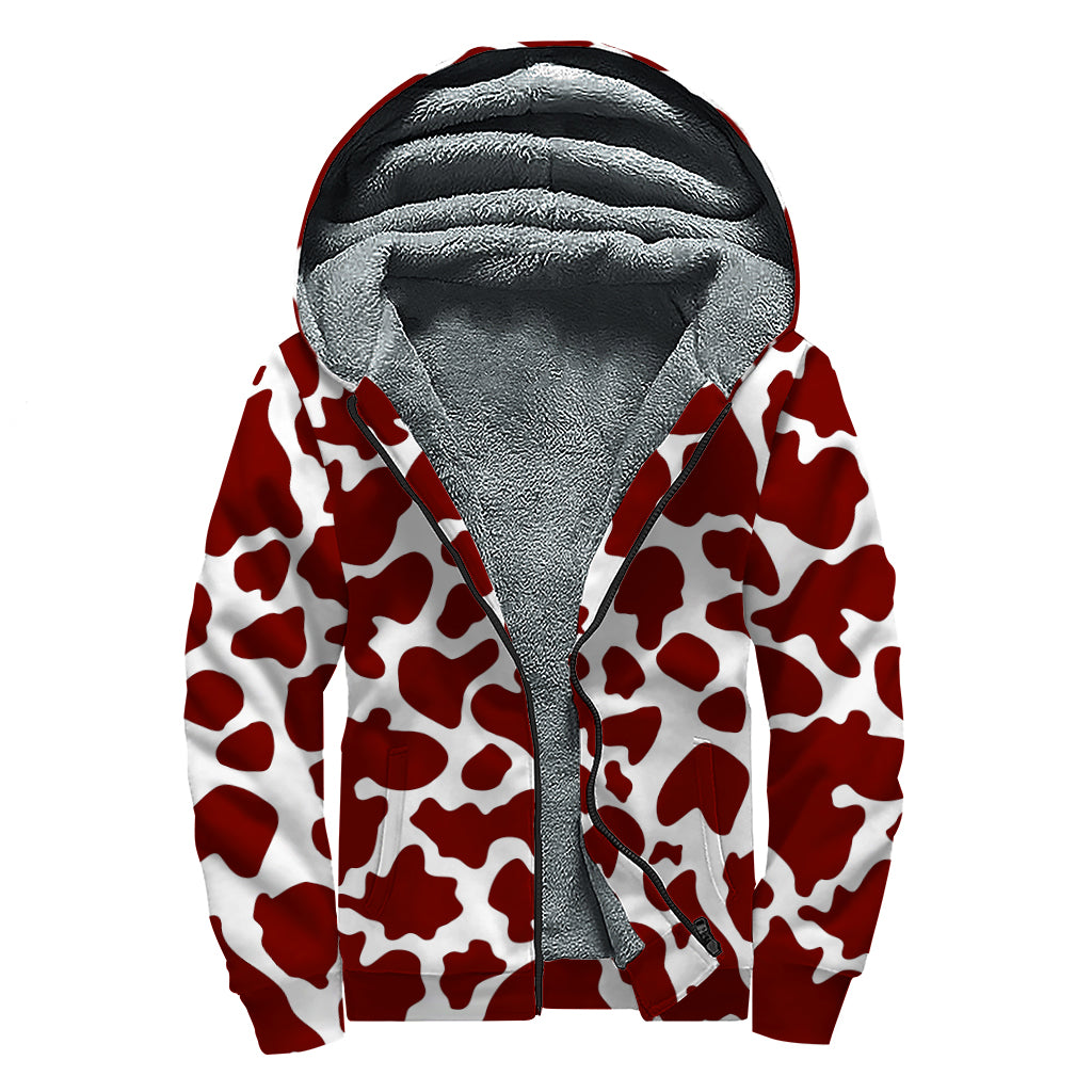 Chocolate Brown And White Cow Print Sherpa Lined Zip Up Hoodie