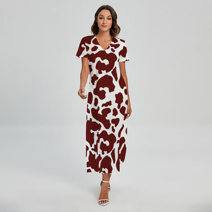 Chocolate Brown And White Cow Print Short Sleeve Maxi Dress