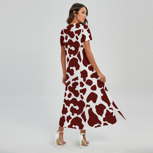 Chocolate Brown And White Cow Print Short Sleeve Maxi Dress