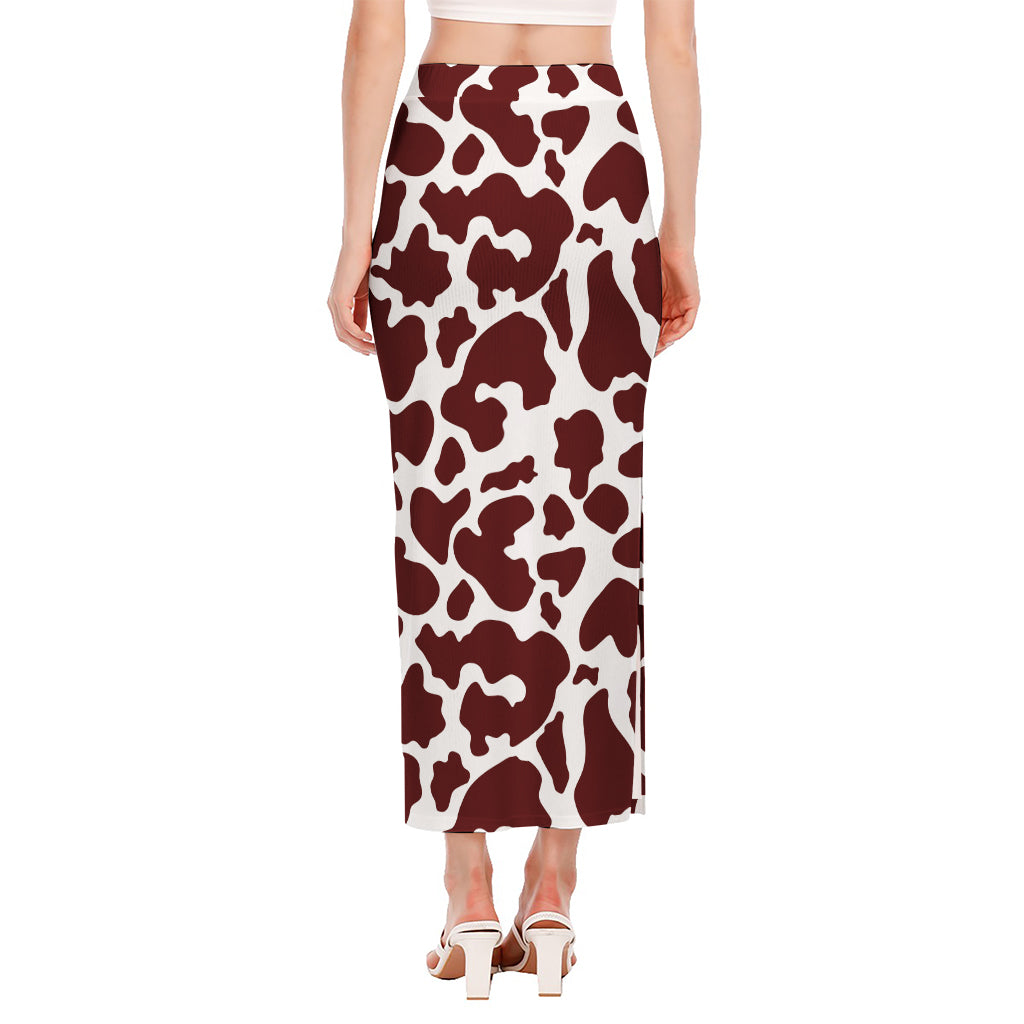 Chocolate Brown And White Cow Print Side Slit Maxi Skirt