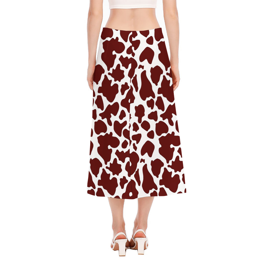 Chocolate Brown And White Cow Print Side Slit Midi Skirt