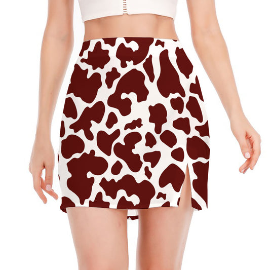 Chocolate Brown And White Cow Print Side Slit Mini Skirt
