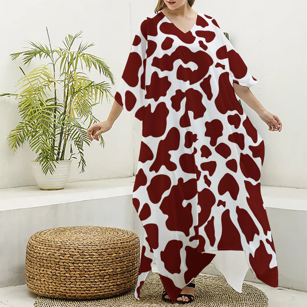 Chocolate Brown And White Cow Print Silk V-Neck Kaftan Dress