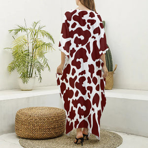 Chocolate Brown And White Cow Print Silk V-Neck Kaftan Dress