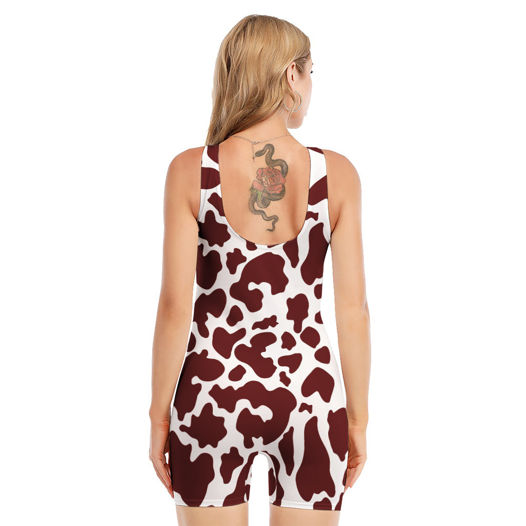 Chocolate Brown And White Cow Print Sleeveless One Piece Swimsuit