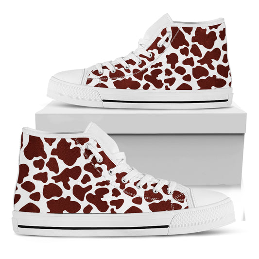 Chocolate Brown And White Cow Print White High Top Sneakers